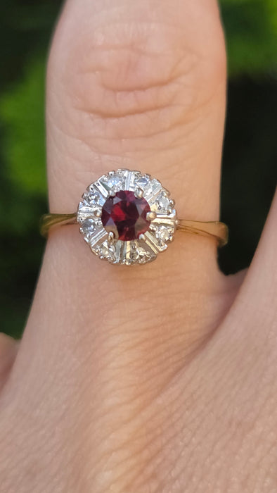 Vintage: 9ct Yellow Gold Garnet & White Spinel Round Cluster Ring — From 1972