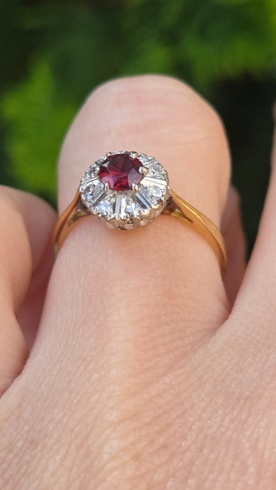 Vintage: 9ct Yellow Gold Garnet & White Spinel Round Cluster Ring — From 1972