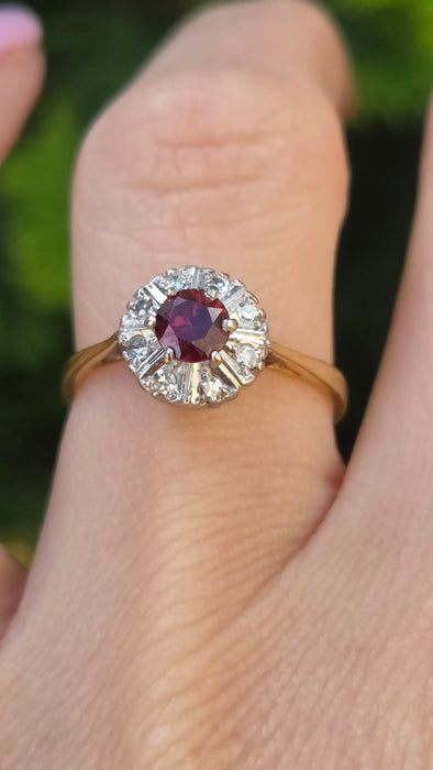 Vintage: 9ct Yellow Gold Garnet & White Spinel Round Cluster Ring — From 1972