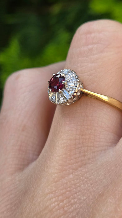 Vintage: 9ct Yellow Gold Garnet & White Spinel Round Cluster Ring — From 1972