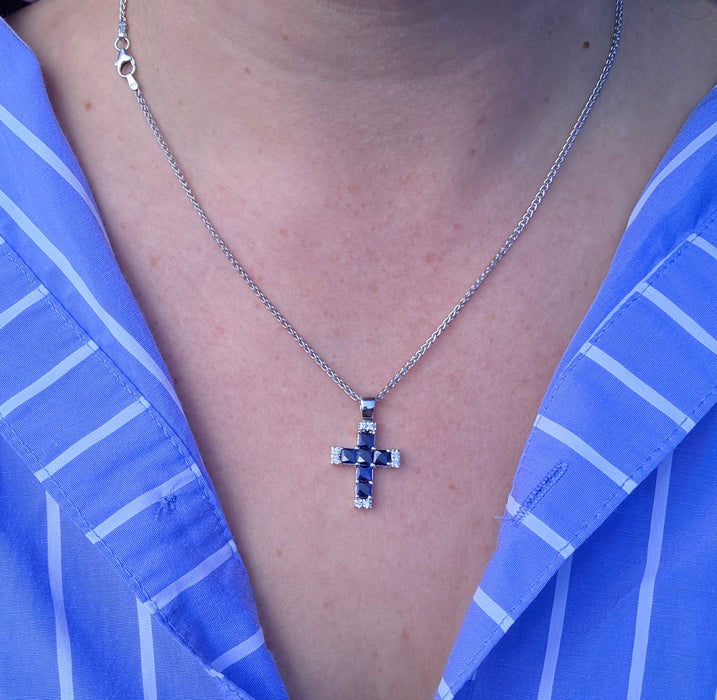 Vintage: 18ct White Gold Sapphire & Diamond Cross Pendant & Chain