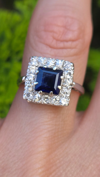 6053 Antique Art-Deco 18ct Gold Blue Sapphire Diamonds Square Set Cocktail Ring- Exquisite