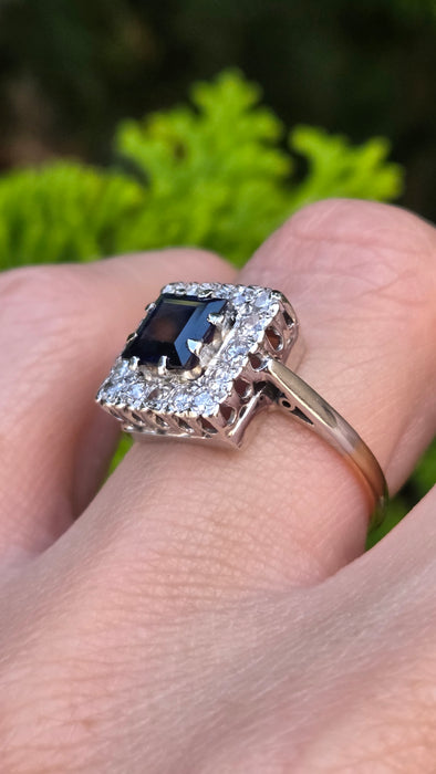 6053 Antique Art-Deco 18ct Gold Blue Sapphire Diamonds Square Set Cocktail Ring- Exquisite