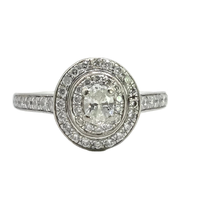 Vintage: 18ct White Gold Diamond 0.70ct Oval Halo Cluster Ring by Jenny Packham