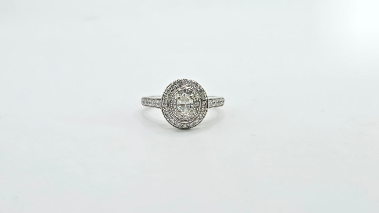 Vintage: 18ct White Gold Diamond 0.70ct Oval Halo Cluster Ring by Jenny Packham