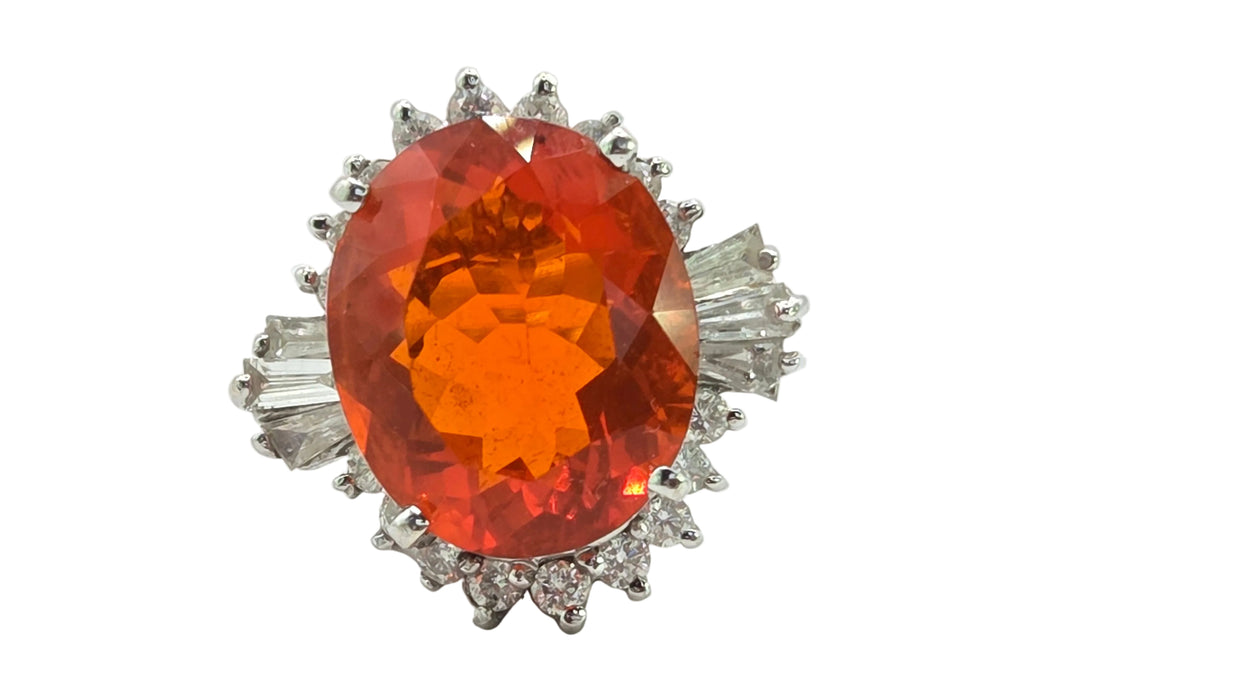 Vintage: 14ct White Gold Fire Opal 7.42ct & Diamond 1.44ct Dress Ring