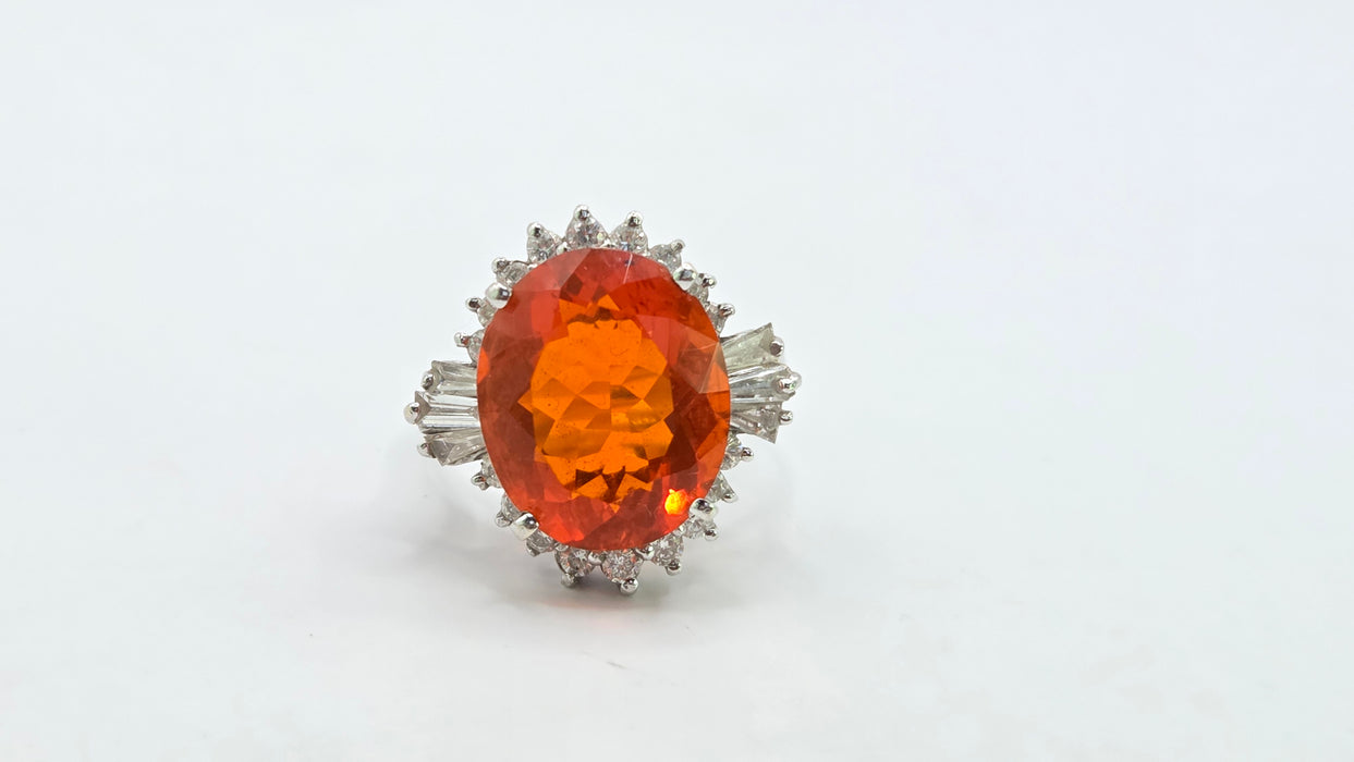 Vintage: 14ct White Gold Fire Opal 7.42ct & Diamond 1.44ct Dress Ring