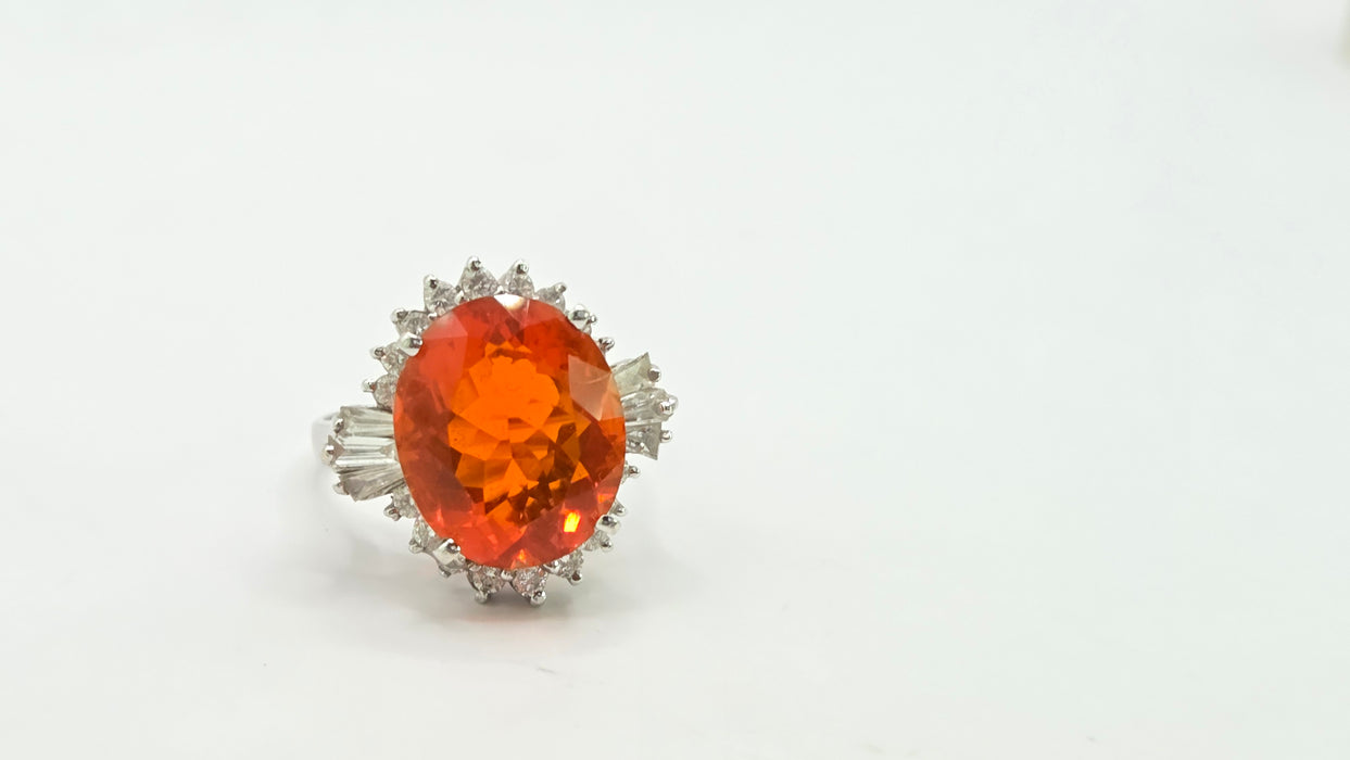 Vintage: 14ct White Gold Fire Opal 7.42ct & Diamond 1.44ct Dress Ring