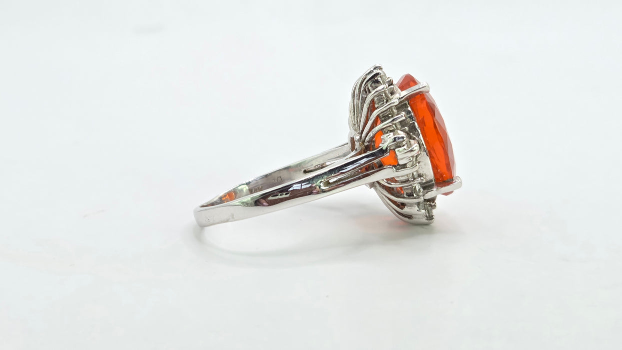 Vintage: 14ct White Gold Fire Opal 7.42ct & Diamond 1.44ct Dress Ring