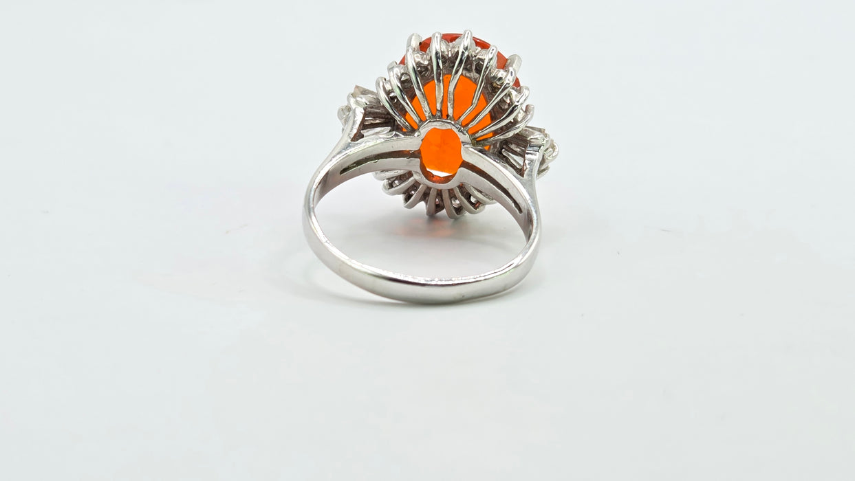 Vintage: 14ct White Gold Fire Opal 7.42ct & Diamond 1.44ct Dress Ring
