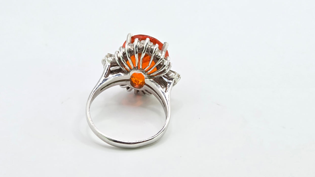 Vintage: 14ct White Gold Fire Opal 7.42ct & Diamond 1.44ct Dress Ring