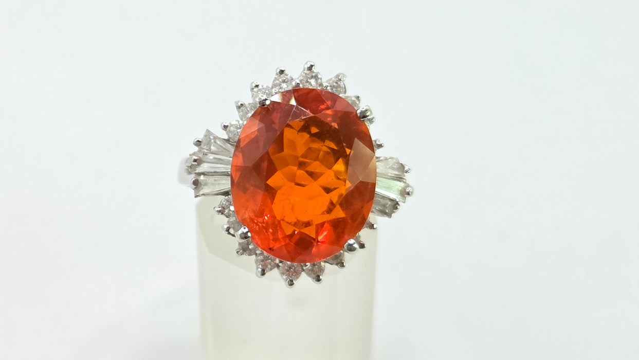 Vintage: 14ct White Gold Fire Opal 7.42ct & Diamond 1.44ct Dress Ring