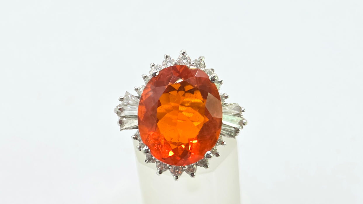 Vintage: 14ct White Gold Fire Opal 7.42ct & Diamond 1.44ct Dress Ring