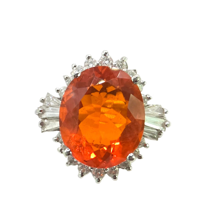 Vintage: 14ct White Gold Fire Opal 7.42ct & Diamond 1.44ct Dress Ring