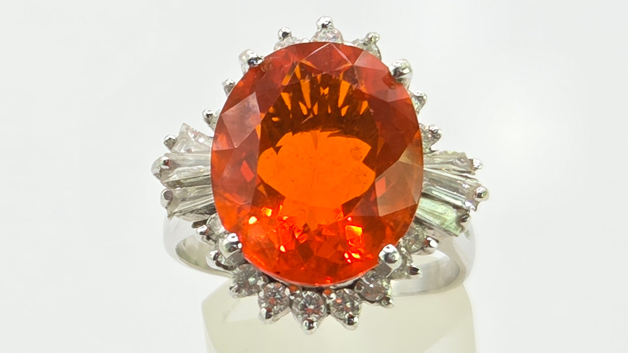 Vintage: 14ct White Gold Fire Opal 7.42ct & Diamond 1.44ct Dress Ring