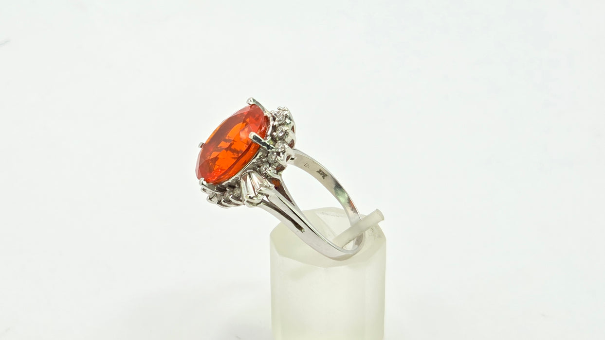 Vintage: 14ct White Gold Fire Opal 7.42ct & Diamond 1.44ct Dress Ring
