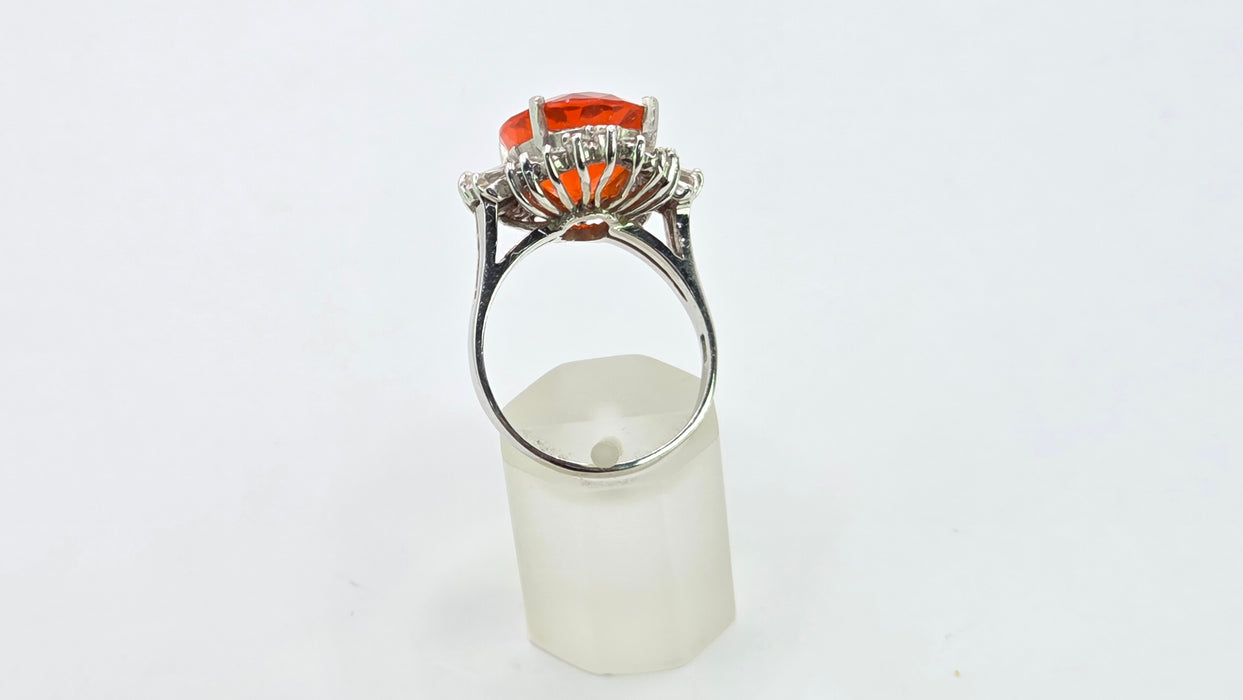 Vintage: 14ct White Gold Fire Opal 7.42ct & Diamond 1.44ct Dress Ring