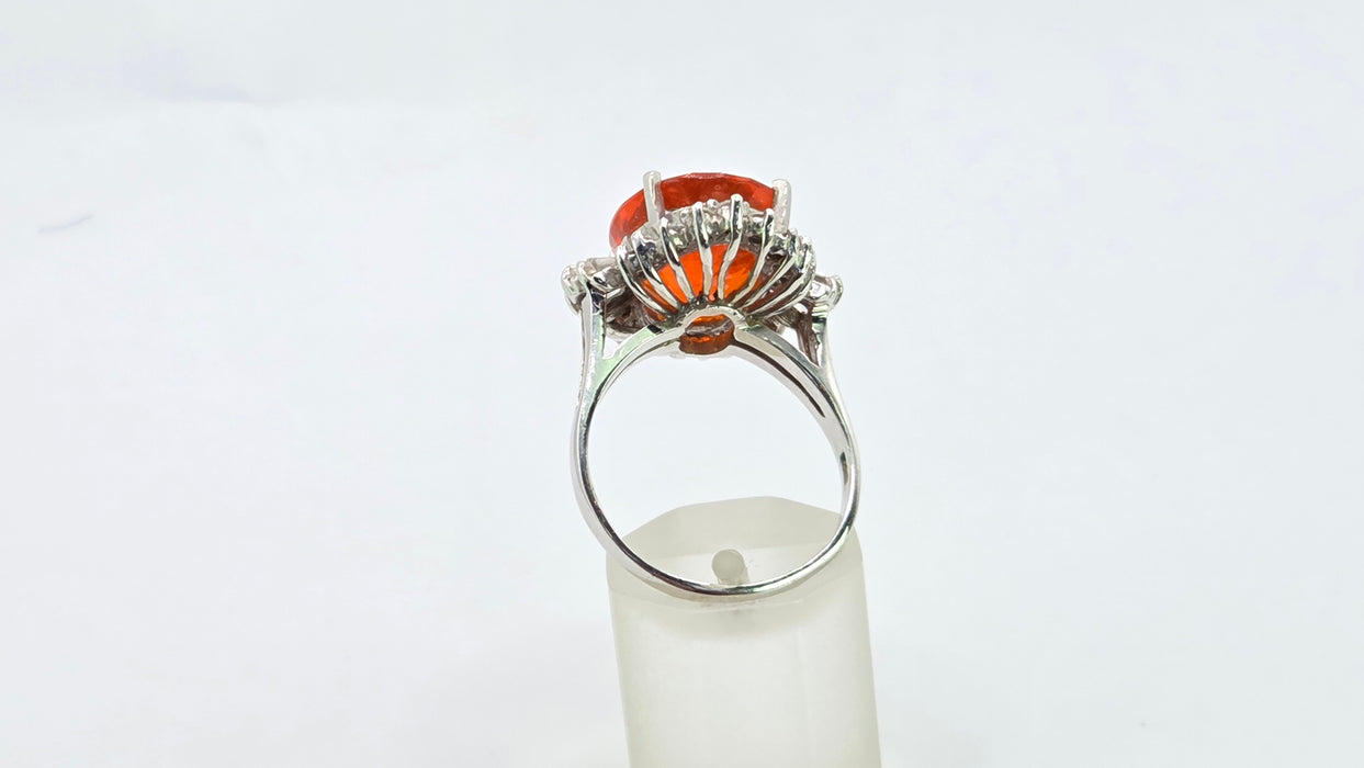 Vintage: 14ct White Gold Fire Opal 7.42ct & Diamond 1.44ct Dress Ring