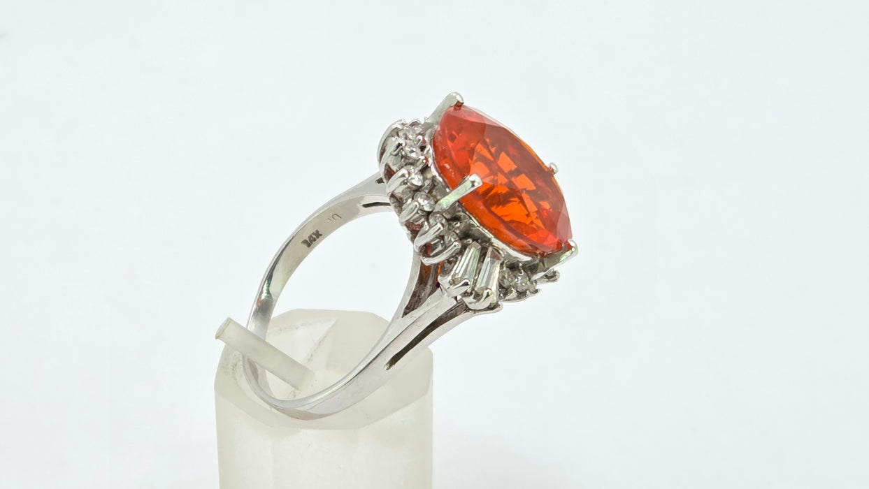 Vintage: 14ct White Gold Fire Opal 7.42ct & Diamond 1.44ct Dress Ring
