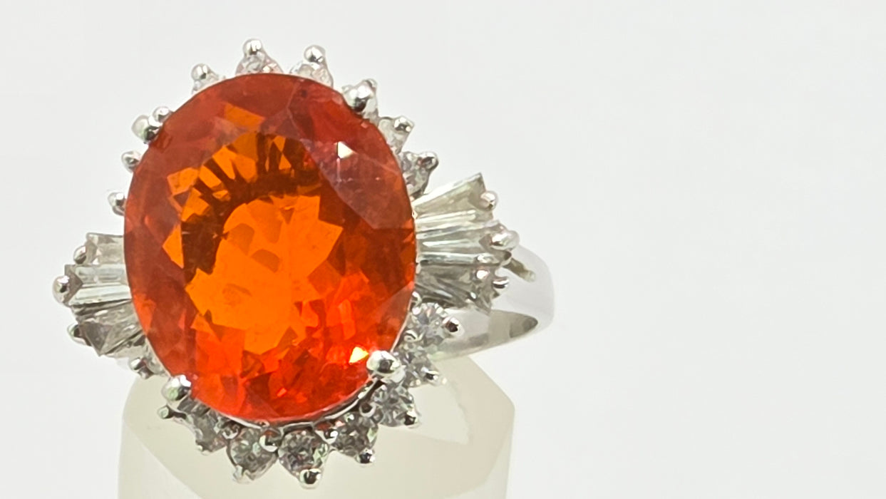 Vintage: 14ct White Gold Fire Opal 7.42ct & Diamond 1.44ct Dress Ring