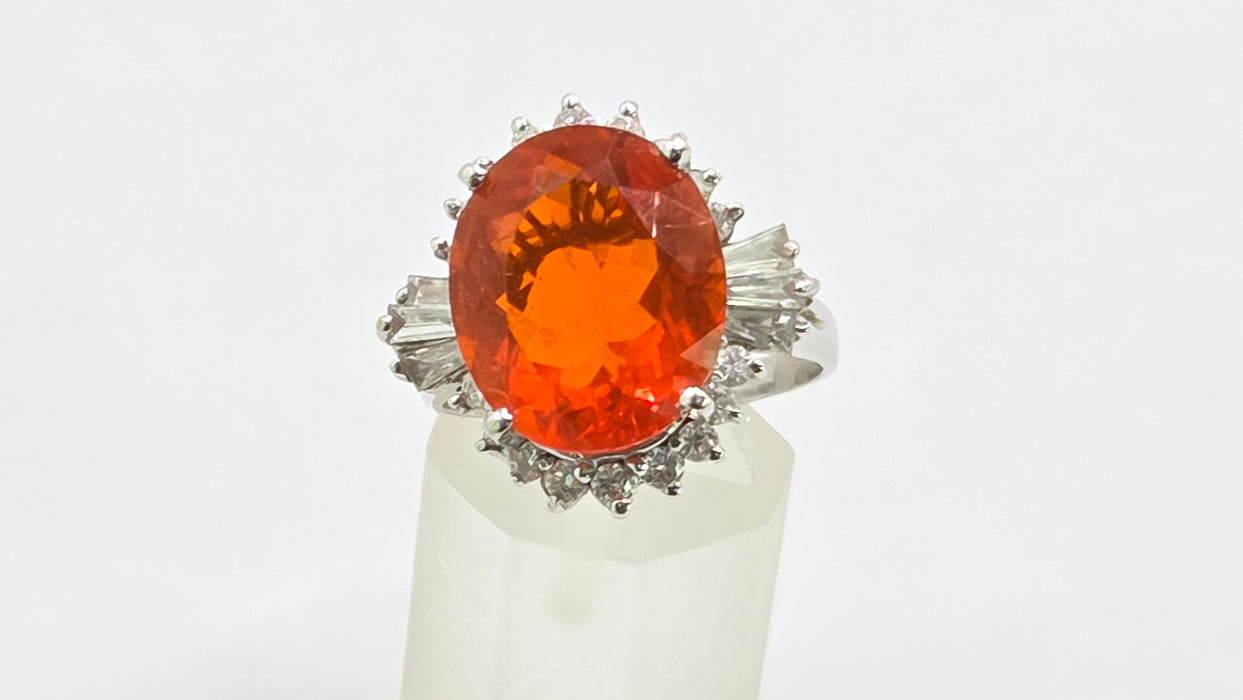 Vintage: 14ct White Gold Fire Opal 7.42ct & Diamond 1.44ct Dress Ring