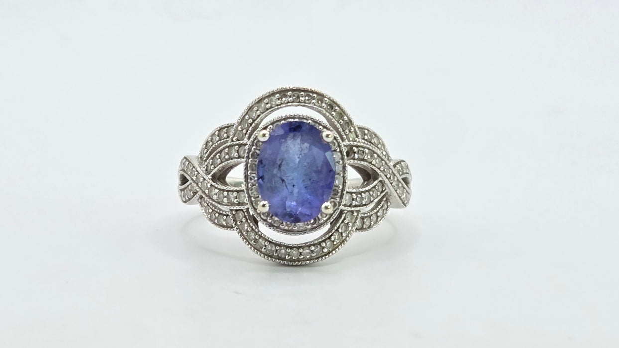 Vintage: 14ct White Gold Tanzanite & 113 Diamond Oval Dress Ring