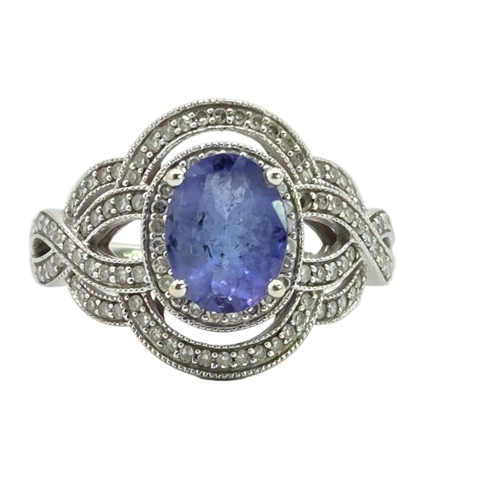 Vintage: 14ct White Gold Tanzanite & 113 Diamond Oval Dress Ring