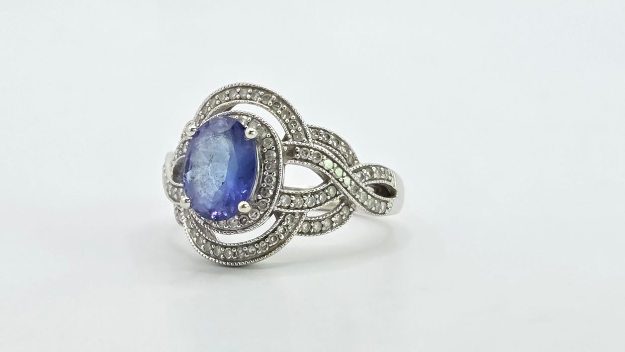 Vintage: 14ct White Gold Tanzanite & 113 Diamond Oval Dress Ring