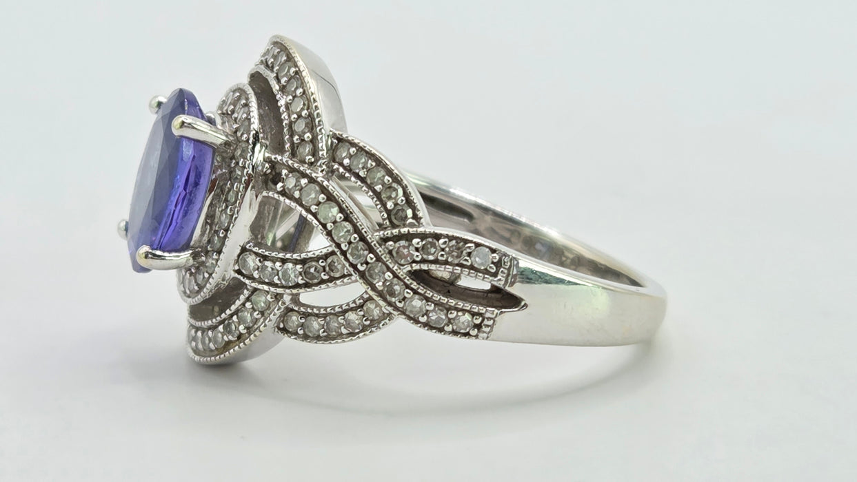 Vintage: 14ct White Gold Tanzanite & 113 Diamond Oval Dress Ring
