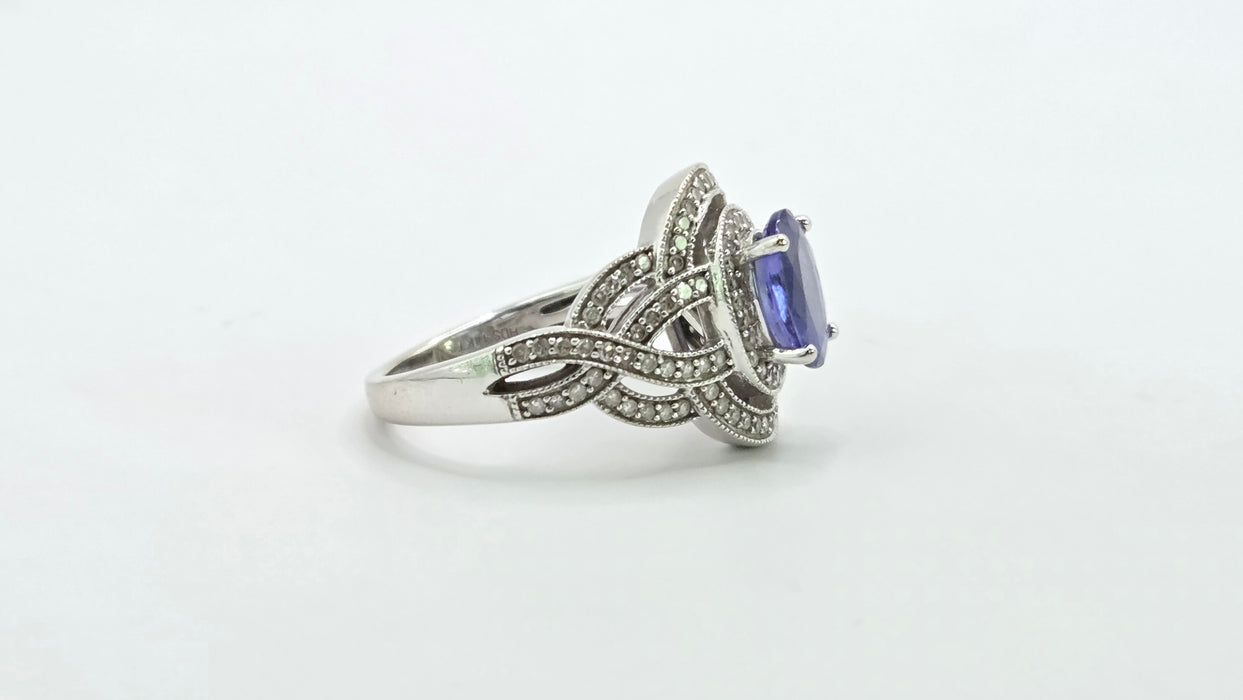 Vintage: 14ct White Gold Tanzanite & 113 Diamond Oval Dress Ring