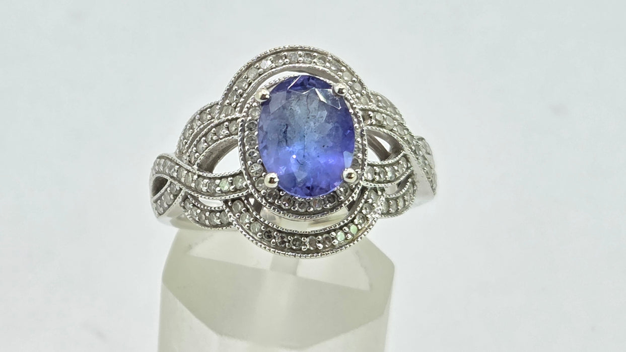 Vintage: 14ct White Gold Tanzanite & 113 Diamond Oval Dress Ring