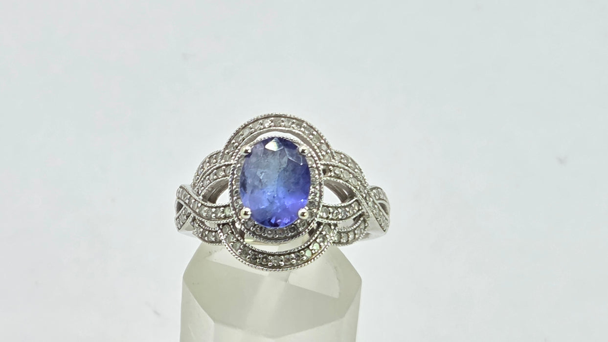 Vintage: 14ct White Gold Tanzanite & 113 Diamond Oval Dress Ring