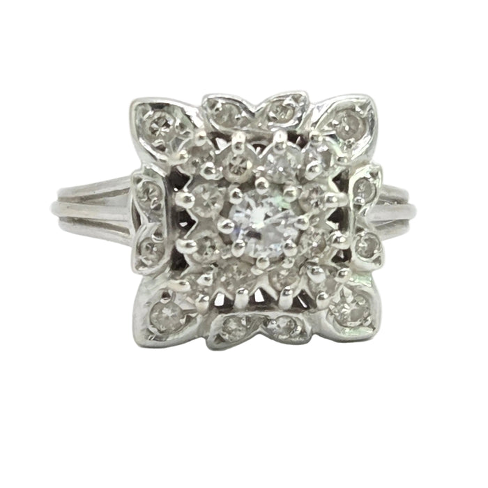 Vintage: 18ct White Gold Diamond 0.64ct Square Cluster Dress Ring — From 1976