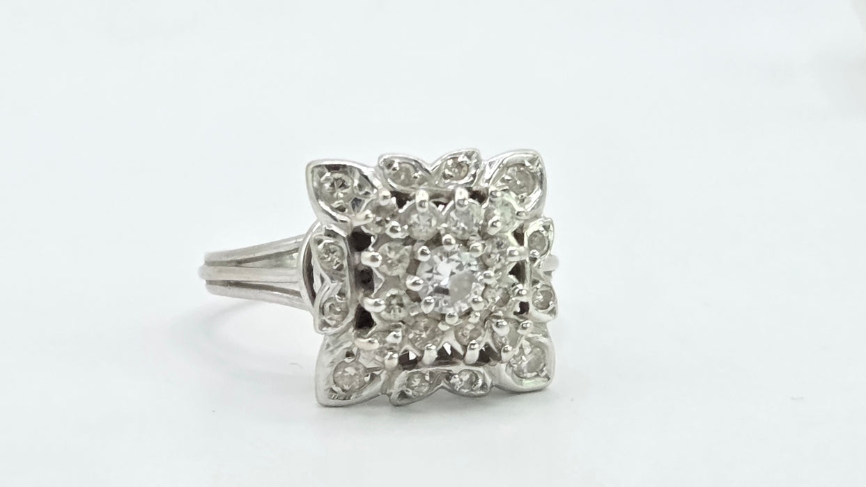 Vintage: 18ct White Gold Diamond 0.64ct Square Cluster Dress Ring — From 1976