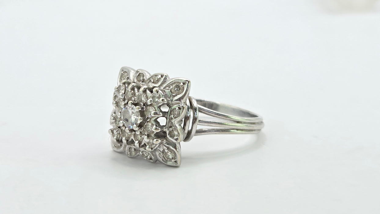 Vintage: 18ct White Gold Diamond 0.64ct Square Cluster Dress Ring — From 1976
