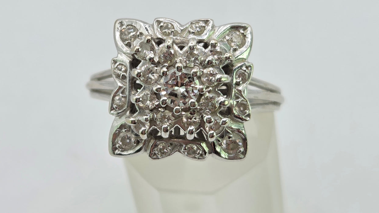 Vintage: 18ct White Gold Diamond 0.64ct Square Cluster Dress Ring — From 1976