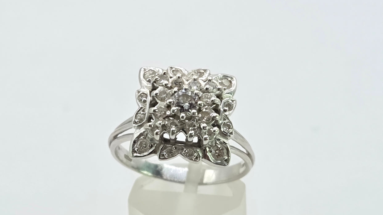 Vintage: 18ct White Gold Diamond 0.64ct Square Cluster Dress Ring — From 1976