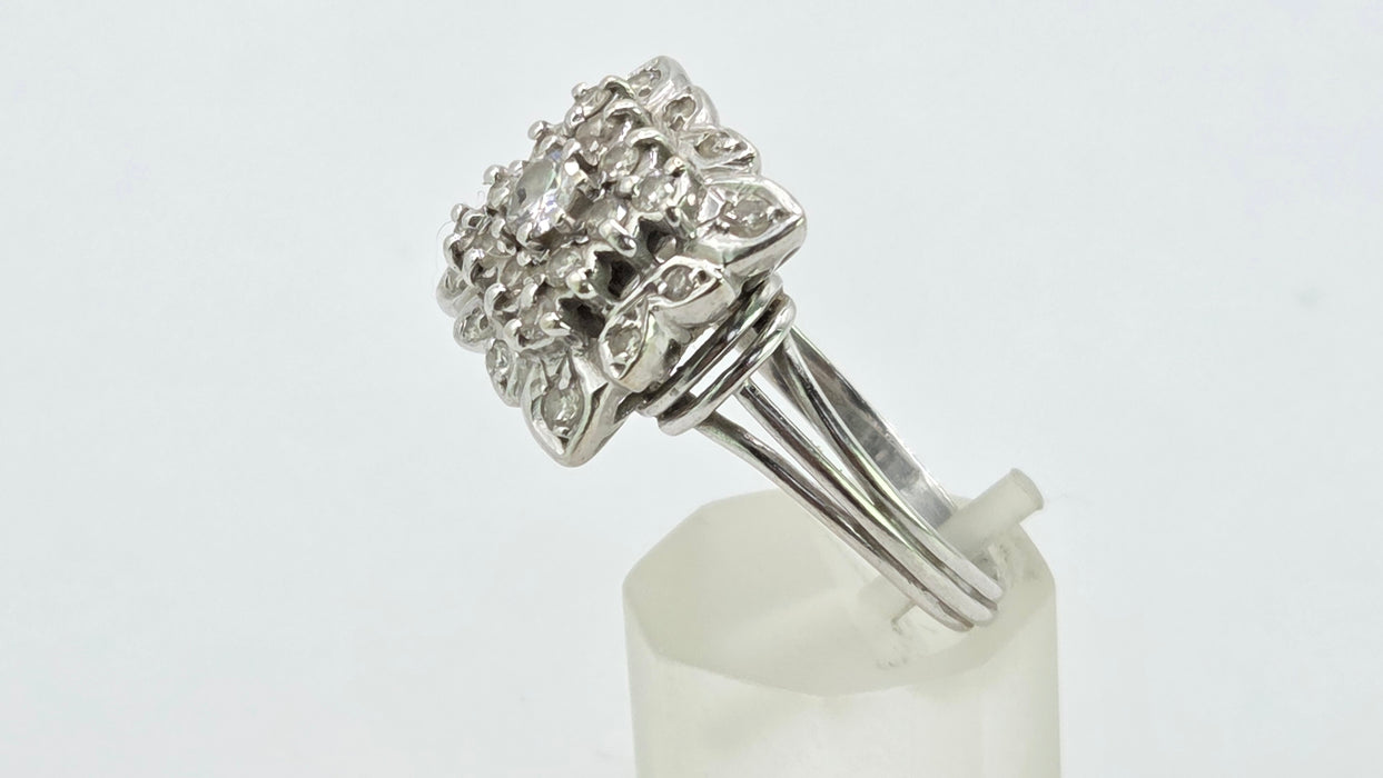 Vintage: 18ct White Gold Diamond 0.64ct Square Cluster Dress Ring — From 1976