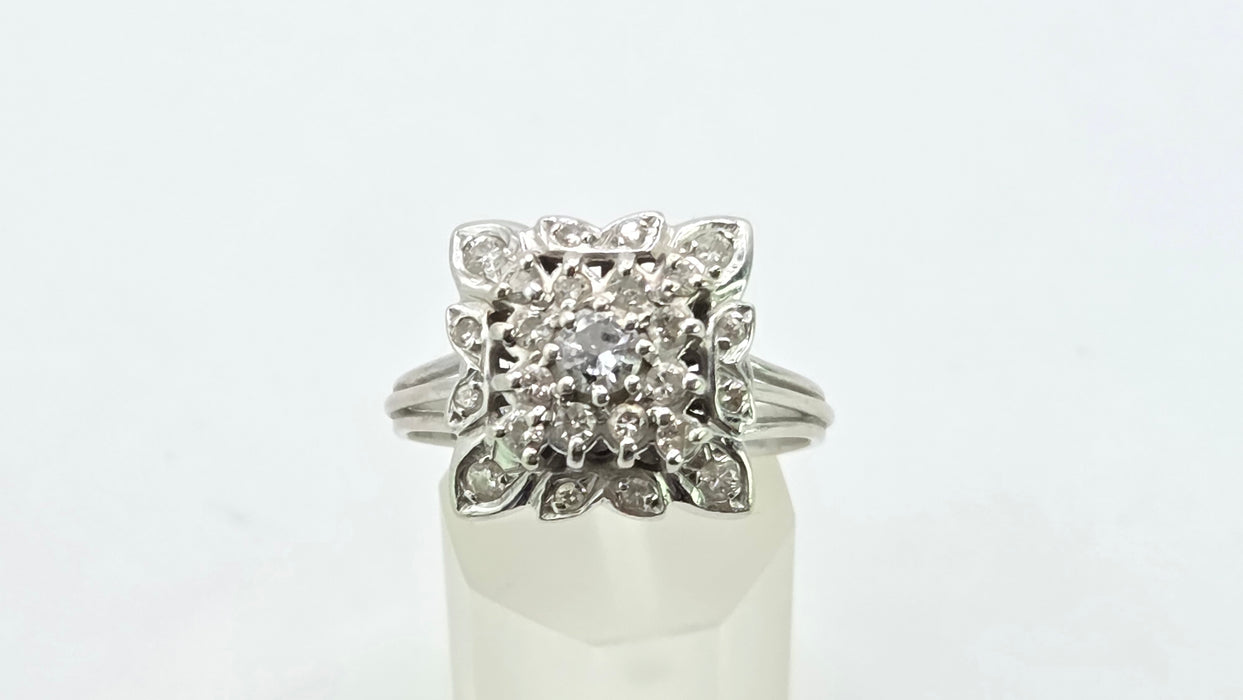 Vintage: 18ct White Gold Diamond 0.64ct Square Cluster Dress Ring — From 1976