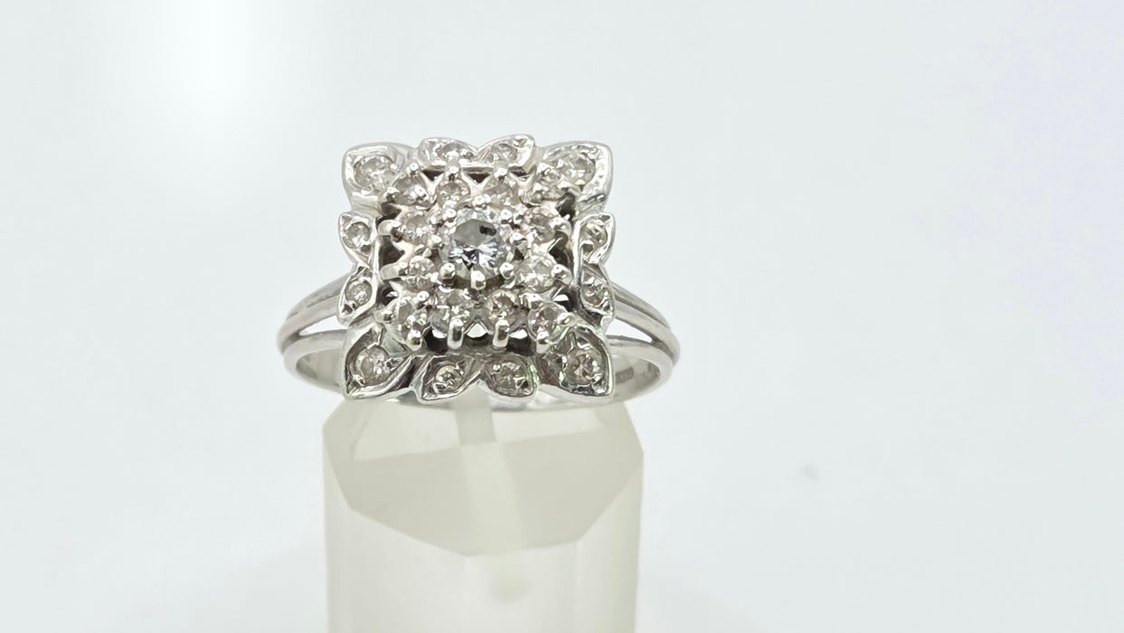 Vintage: 18ct White Gold Diamond 0.64ct Square Cluster Dress Ring — From 1976