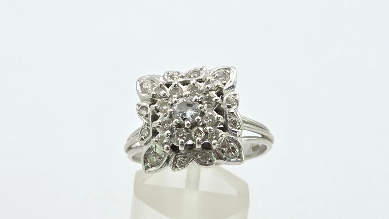 Vintage: 18ct White Gold Diamond 0.64ct Square Cluster Dress Ring — From 1976