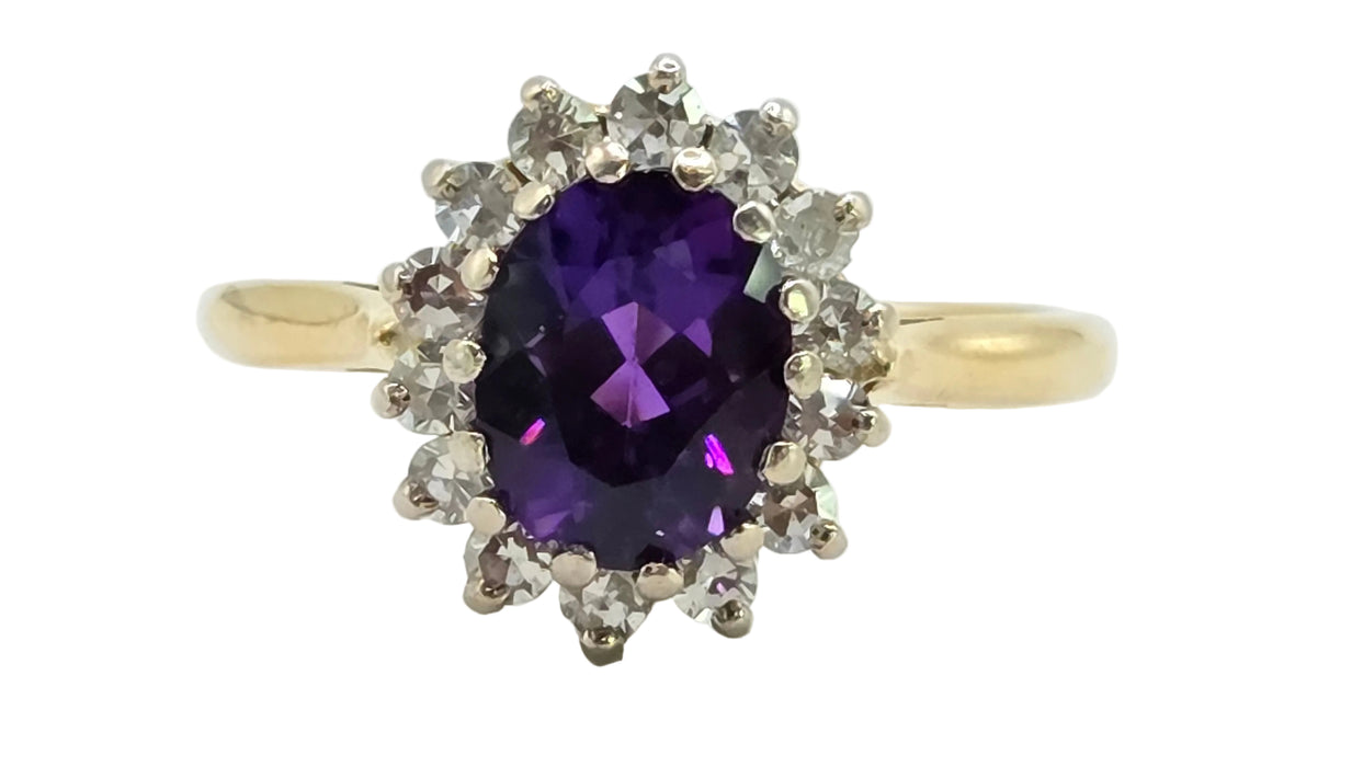 Vintage: 18ct Yellow Gold Amethyst 1.65ct & Diamond 0.56ct Oval Cluster Ring — From 1973