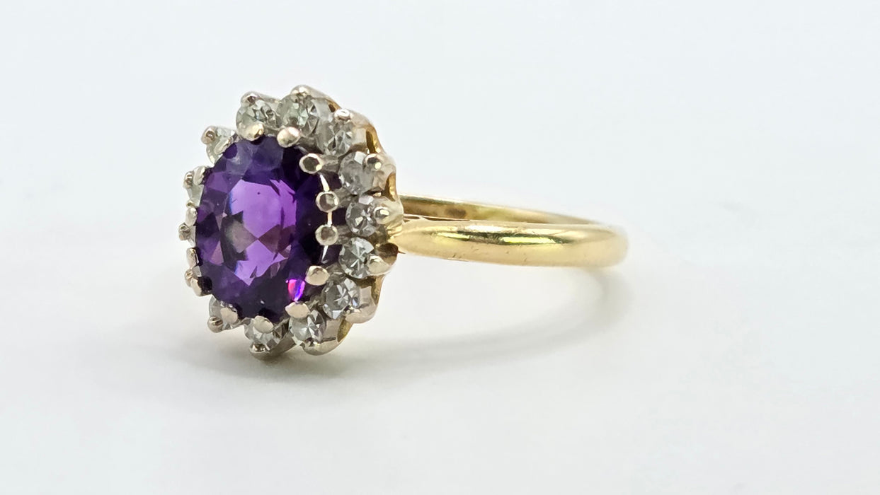 Vintage: 18ct Yellow Gold Amethyst 1.65ct & Diamond 0.56ct Oval Cluster Ring — From 1973