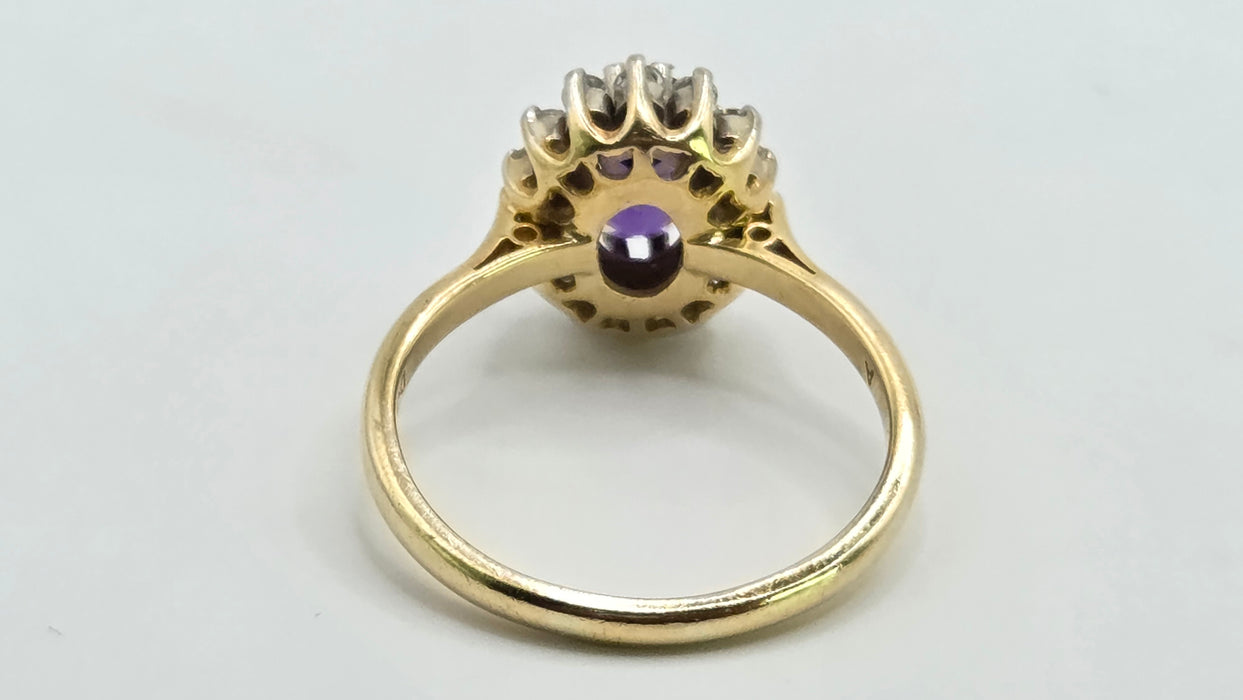 Vintage: 18ct Yellow Gold Amethyst 1.65ct & Diamond 0.56ct Oval Cluster Ring — From 1973