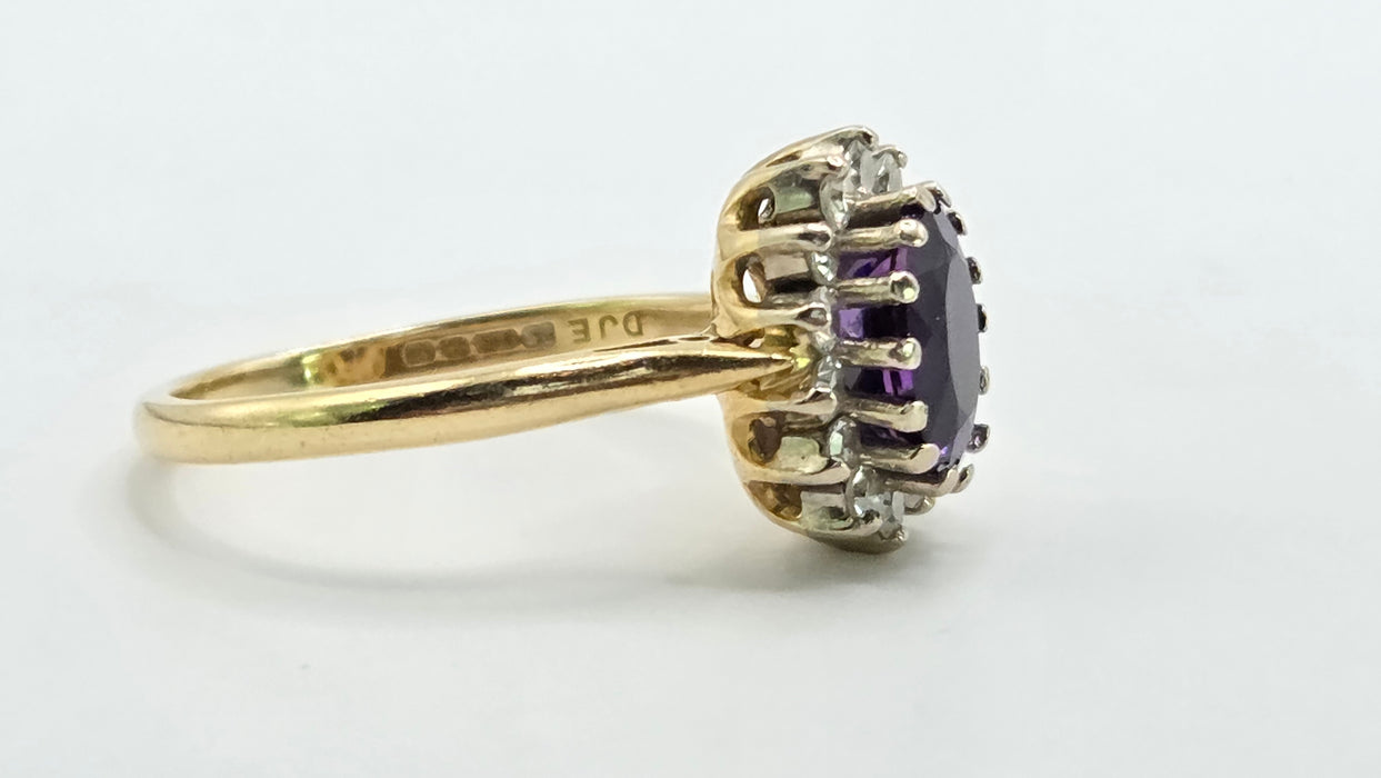 Vintage: 18ct Yellow Gold Amethyst 1.65ct & Diamond 0.56ct Oval Cluster Ring — From 1973