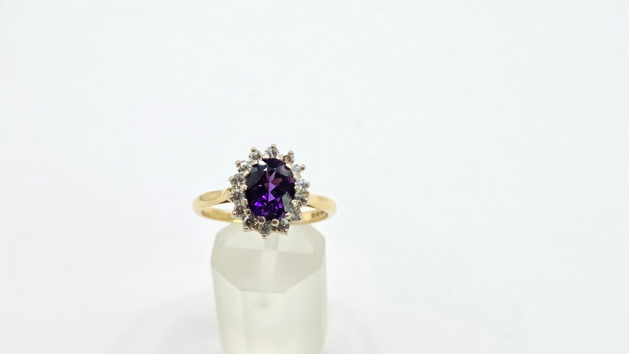 Vintage: 18ct Yellow Gold Amethyst 1.65ct & Diamond 0.56ct Oval Cluster Ring — From 1973