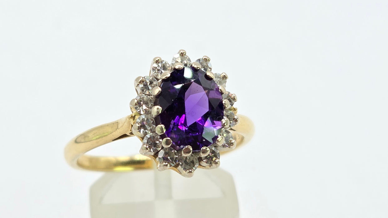 Vintage: 18ct Yellow Gold Amethyst 1.65ct & Diamond 0.56ct Oval Cluster Ring — From 1973