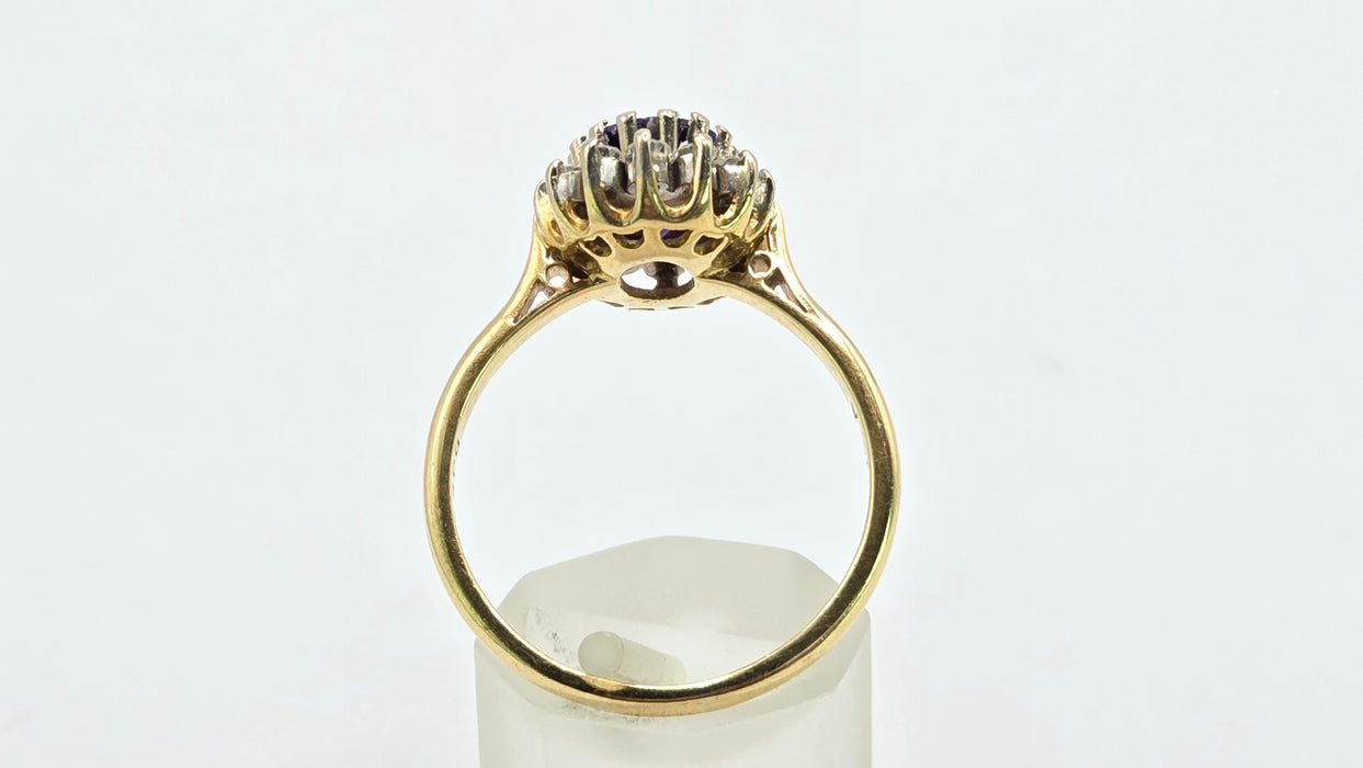 Vintage: 18ct Yellow Gold Amethyst 1.65ct & Diamond 0.56ct Oval Cluster Ring — From 1973