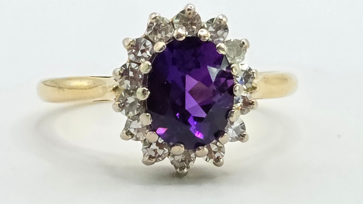 Vintage: 18ct Yellow Gold Amethyst 1.65ct & Diamond 0.56ct Oval Cluster Ring — From 1973