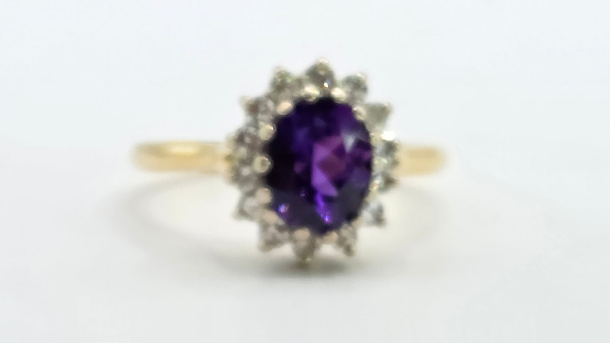Vintage: 18ct Yellow Gold Amethyst 1.65ct & Diamond 0.56ct Oval Cluster Ring — From 1973
